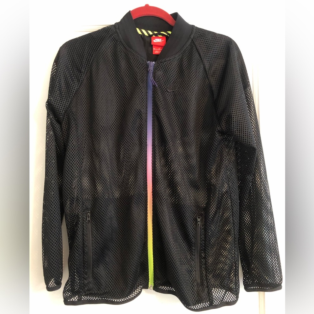 NIKE Black Mesh Long Sleeve Jacket Rainbow Zipper M EUC